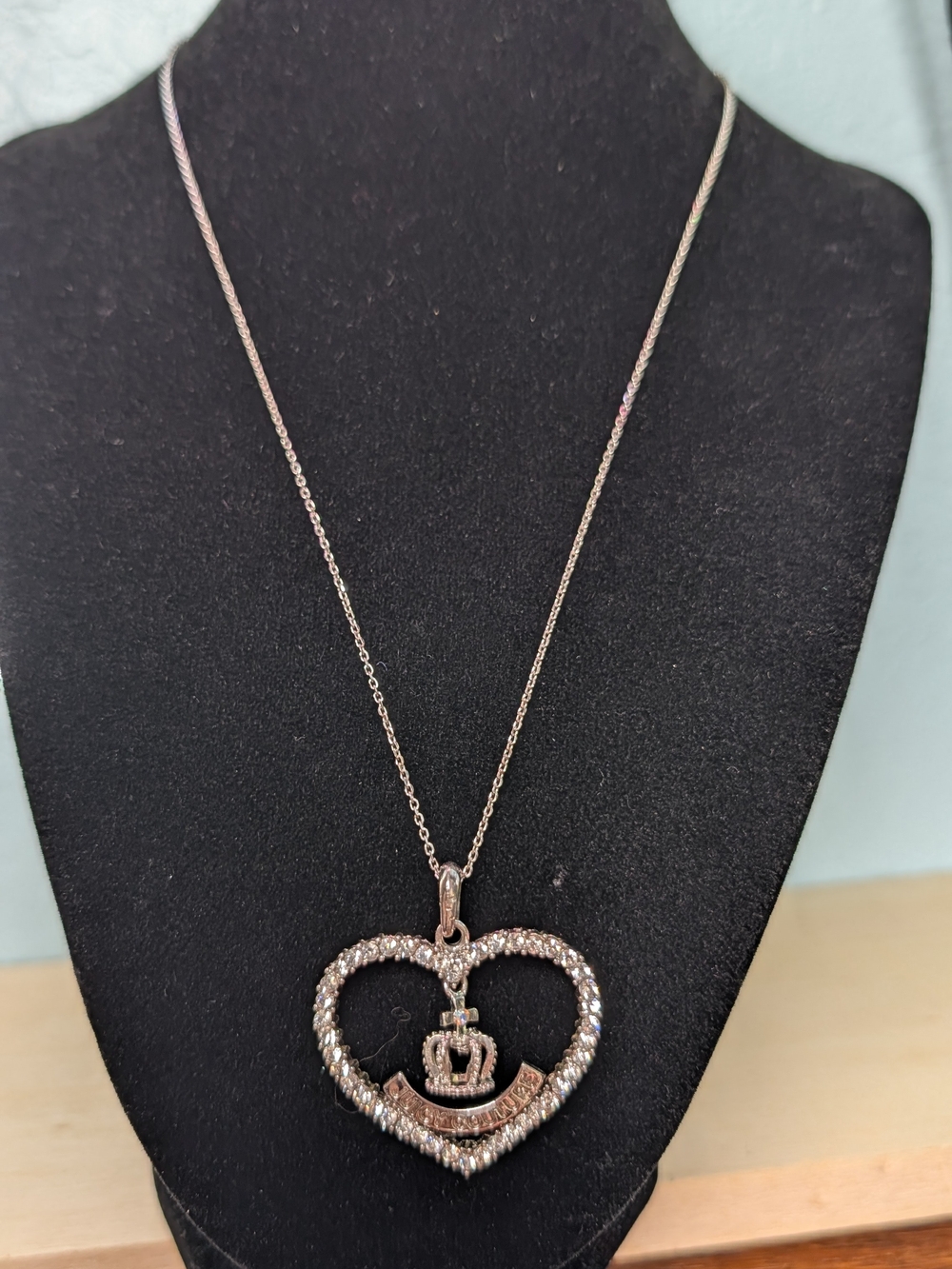 Vintage Juicy Couture Rhinestone Open Heart Crown Banner Necklace Y2K